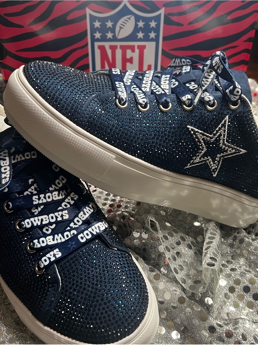 NFL Dallas Cowboys Rhinestone Star Lace-Up Sneakers with White Platform Sole